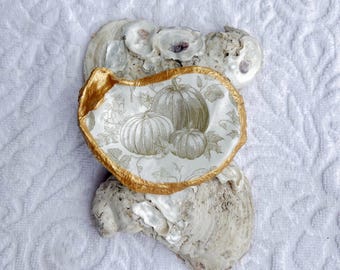 Decoupage Oyster Shell Dish: Thanksgiving Pumpkin Decor, Gold Leaf Edge