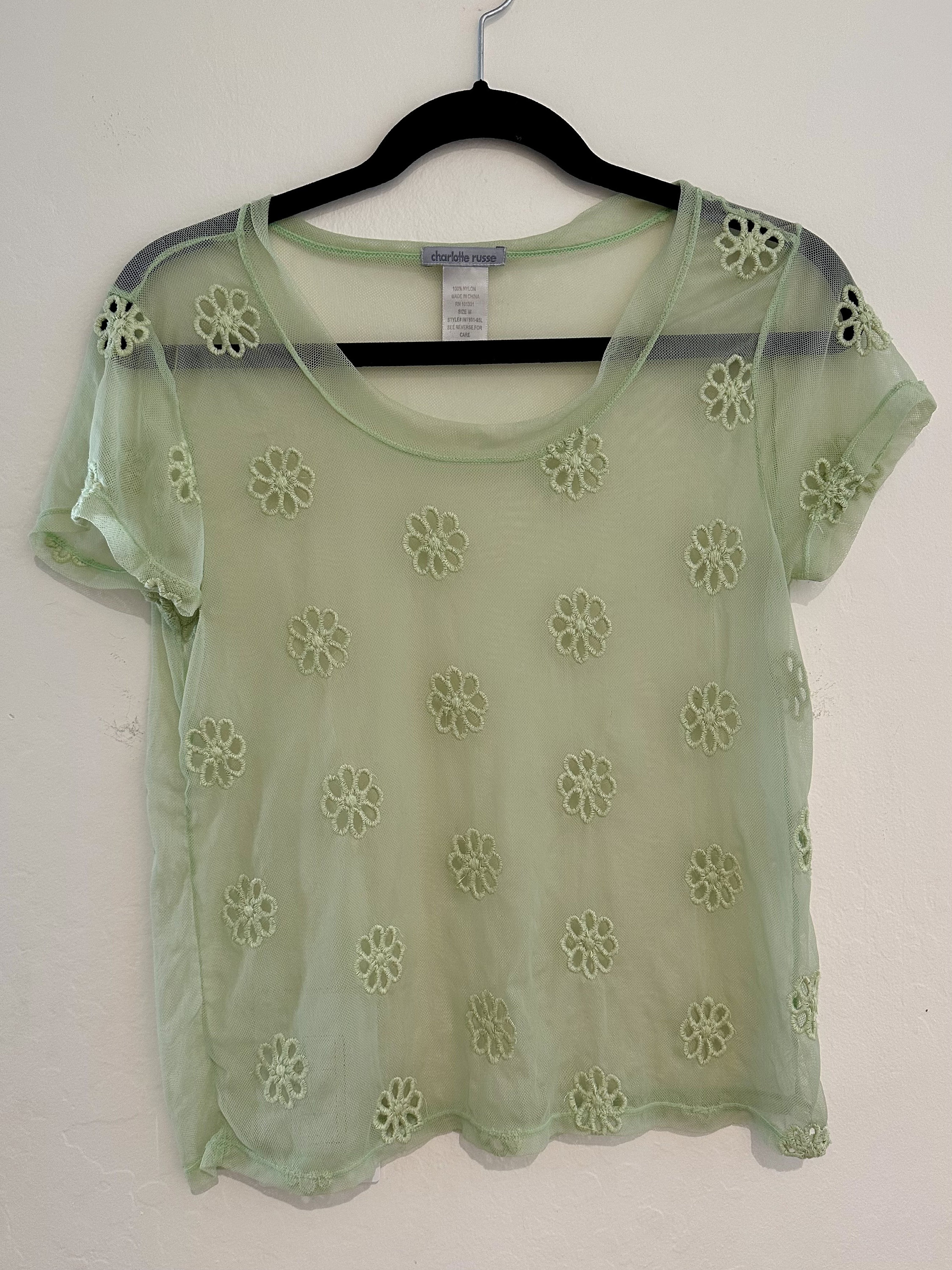 VINTAGE 90s Charlotte Russe Lime Green Mesh Sheer Floral Embroidered  T-shirt - Etsy