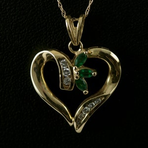 14K Heart Shaped Emerald/Diamond Pendant