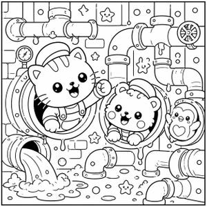 May include: Black and white illustration of a cartoon scene with a cat, bear, and penguin in pipes. The cat waves, the bear smiles, and the penguin peeks out. Pipes, stars, and a gauge complete the design.