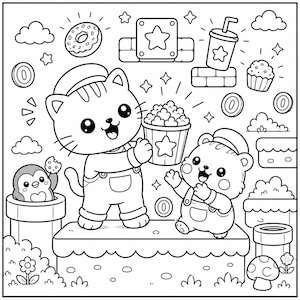 May include: Black and white illustration of a cat and bear wearing overalls, holding popcorn and waving. Other elements include a penguin, donut, cupcake, coins, and a drink with a star.