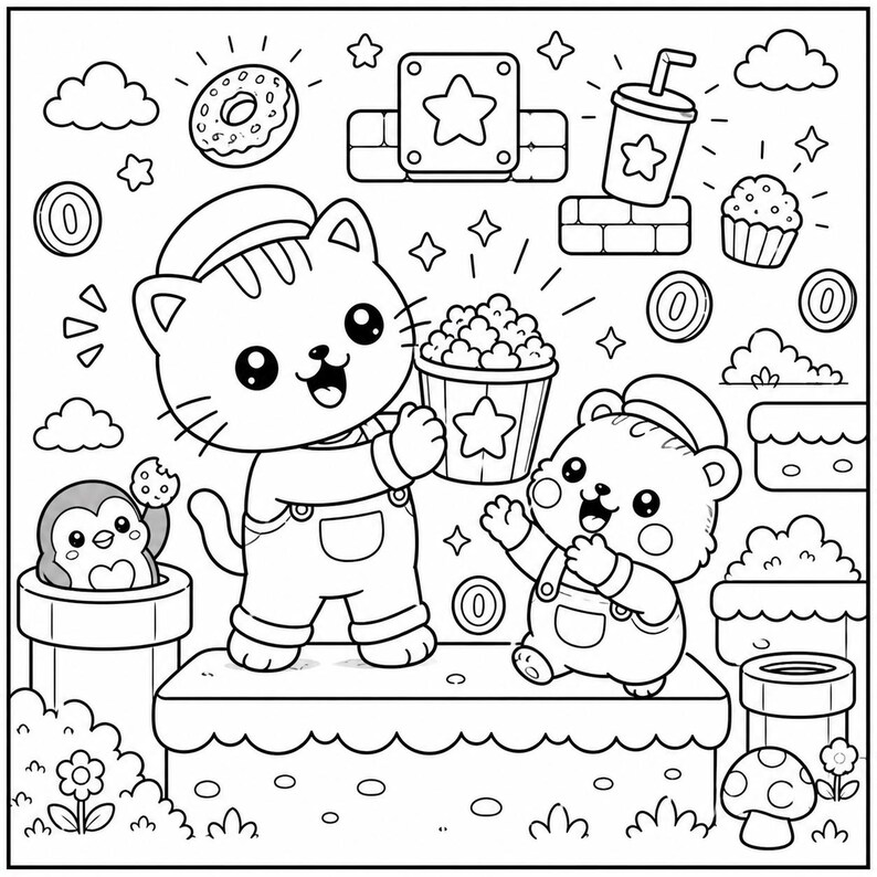 May include: Black and white illustration of a cat and bear wearing overalls, holding popcorn and waving. Other elements include a penguin, donut, cupcake, coins, and a drink with a star.