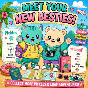 May include: A colorful cartoon illustration featuring a cat and a bear, both wearing backpacks and hoodies, standing on a beach. The image includes text that says "Meet Your New Besties!" and "Collect More Pickles & Loaf Adventures!" Other items include a map, passport, and a pink suitcase.