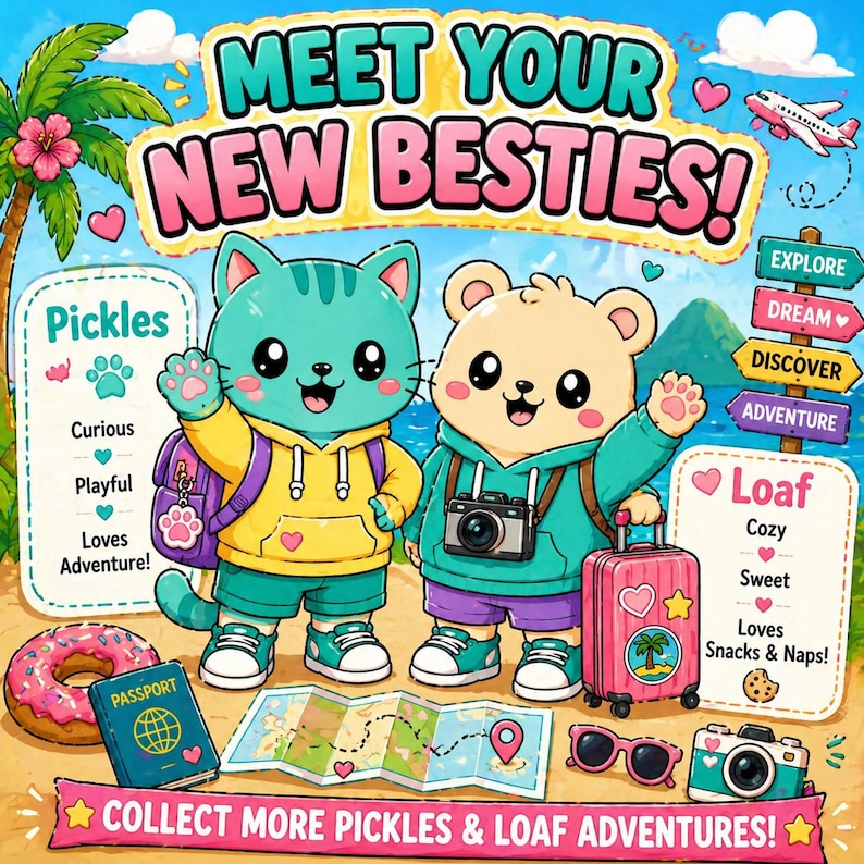 May include: A colorful cartoon illustration featuring a cat and a bear, both wearing backpacks and hoodies, standing on a beach. The image includes text that says "Meet Your New Besties!" and "Collect More Pickles & Loaf Adventures!" Other items include a map, passport, and a pink suitcase.