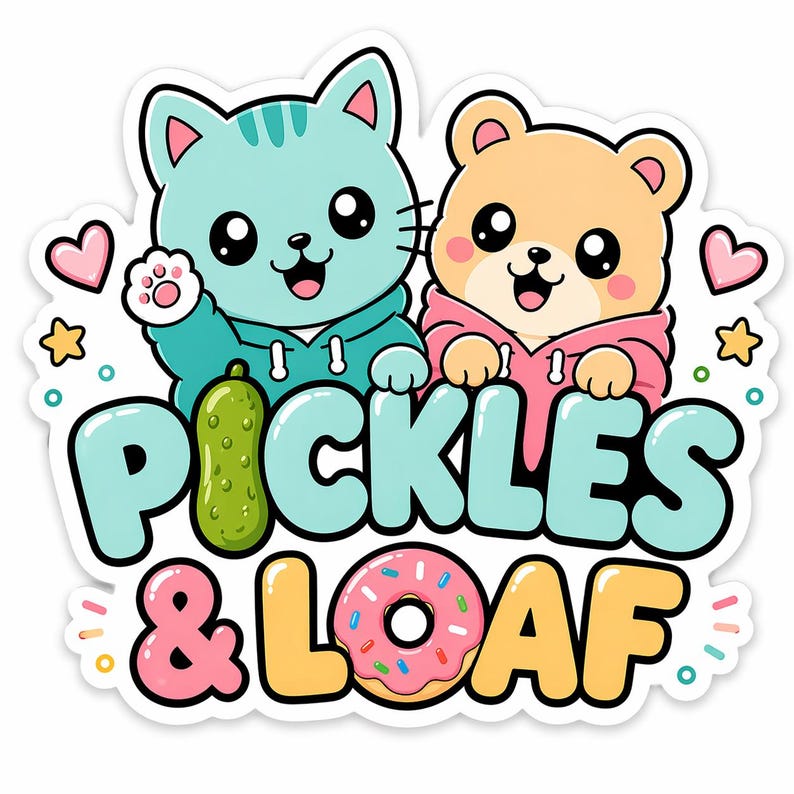 May include: A sticker featuring a cartoon cat and bear wearing hoodies, with the text "PICKLES & LOAF". The cat is light blue, and the bear is tan. A pickle and a donut are also featured.