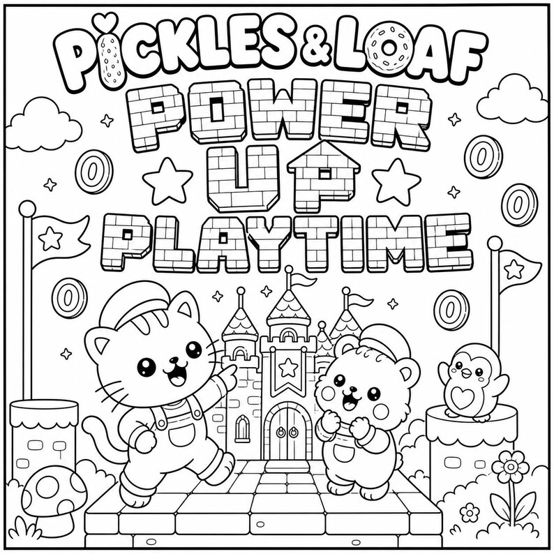 May include: Black and white line art illustration with the text "Pickles & Loaf Power Up Playtime." The image features a cartoon cat, bear, and penguin in a video game-themed setting with a castle, coins, and flags.