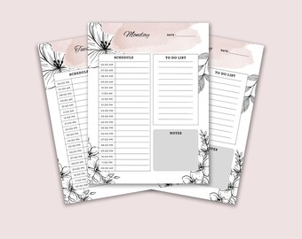 Puede incluir: Tres páginas de planificador imprimibles con ilustraciones florales. Cada página tiene una sección de horario con franjas horarias de 6:00 AM a 11:00 PM, una sección de lista de tareas y una sección de notas. Las páginas están etiquetadas como "Lunes", "Martes" y "Miércoles".