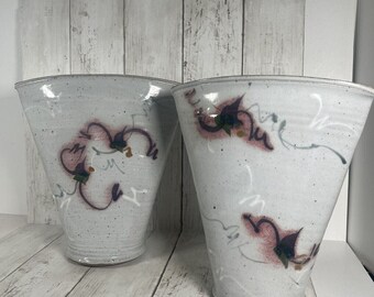 Vintage Pottery Vases Grey And Pink Floral ~ Stamped Fan Shape Oval Heavy