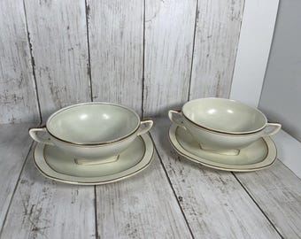 Homer Laughlin Wells Soup And Saucer Cup Double Handle Gold And Cream Peacock
