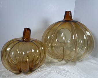 Pair Of Vintage Glass Hollow Pumpkin Amber Terrarium Candle Holder Fall Harvest