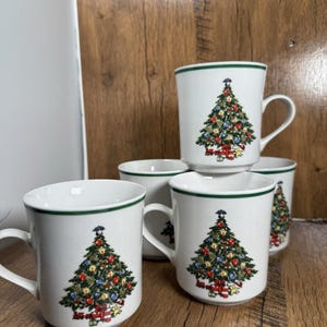 5 Lynns Christmas Tree Mugs Stoneware Holiday Coffee Tea Cups