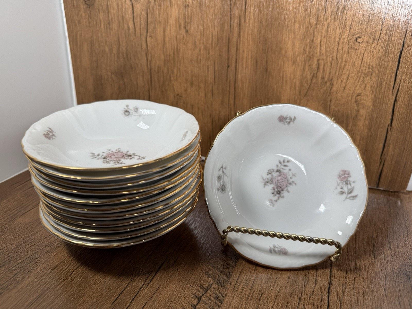 Dessert Bowls Fine Bohemian China Set of 12 MARIA 5.25" Vtg Rose Czech Gold Rim