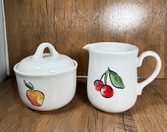 Corelle Corning Fruit Basket Creamer And Sugar Bowl with Lid