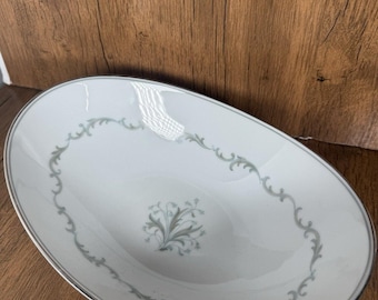 Chaumont by Noritake 10” Oval Serving Bowl, Blue/Gray Scrolls, Platinum Trim