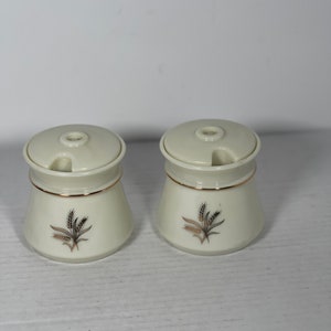 May include: Two white ceramic salt and pepper shakers with gold trim and a wheat design.