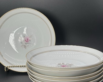 Noritake Daryl Soup Bowls Set Of 7 Pink Roses Gold Trim