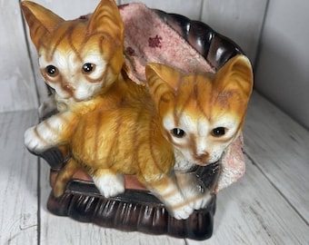 Vintage 2 Tiger Stripe Orange Kittens Sitting on Brown Couch Ceramic