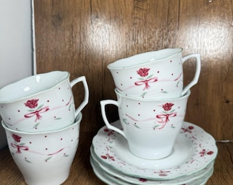 Gibson Designs Regency Tea Cups And Saucers Pink Tulips, White/Cream