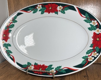 Tienshan Deck the Halls Oval Platter 14" Poinsettias