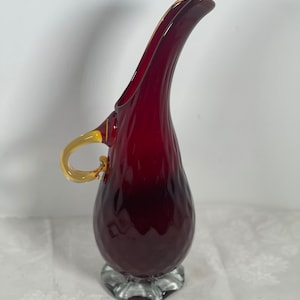 Beautiful deep red and amber colored art glass vase, pitcher