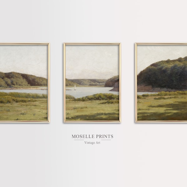 Vintage Lake Landscape Set of 3 Prints | Antique Landscape Painting Set of Three | PRINTABLE Art Set | Sailboat Painting | Lakehouse Decor