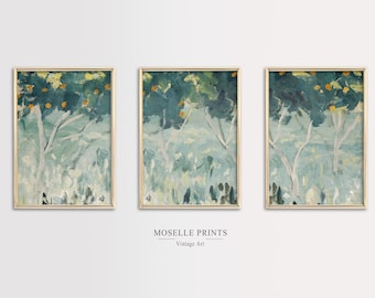Abstract Orange Tree Painting Set of 3 | Vintage Painting Set of Three | PRINTABLE Art Set | Summer Wall Decor | Blue Green Art Print Set
