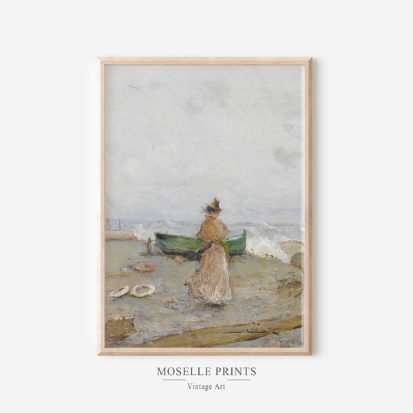 Antique Seaside Painting | Coastal Print | Digital Painting DOWNLOAD | Woman at Sea Portrait Painting | Muted Wall Art Printable