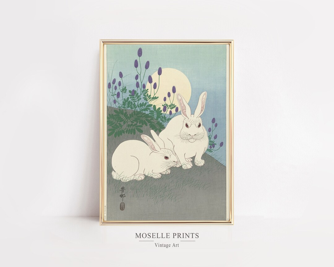 Japanese Rabbit Art Nursery Wall Decor White Bunny Poster Vintage