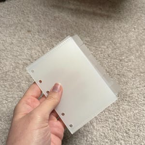 May include: A set of clear, translucent plastic binder sleeves with reinforced edges and pre-punched holes for easy insertion into a binder. The sleeves are held in a hand against a neutral background.