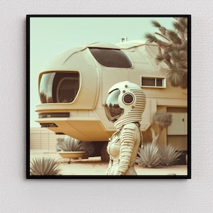 Könnte beinhalten: Ein weißer Astronautenanzug mit Helm und Visier steht vor einem futuristischen, weißen, kuppelförmigen Gebäude. Das Gebäude hat große Fenster und eine strukturierte Oberfläche.