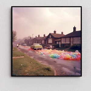 May include: A vintage green car drives down a residential street covered in colorful balloons. The car is surrounded by a sea of balloons in shades of pink, blue, green, yellow, and orange. The balloons are scattered across the street, creating a whimsical and festive scene.