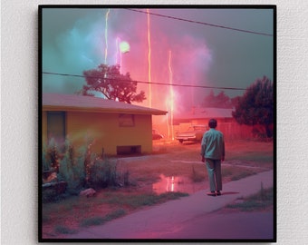Retro 1960s Suburbia Lightning Storm Art Print - Storm Chasers
