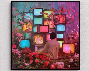 Neon Dreams: Black Man in Pastel TV Wonderland Art Print