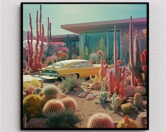 Futuristic 1960s Suburbia in the Desert Art Print: Colourful Cactus Oasis