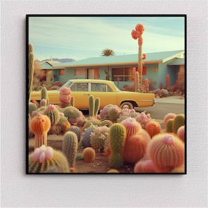 Decorazione murale vintage anni '60 con cactus colorati in stile suburbano - Decorazione per la casa retrò