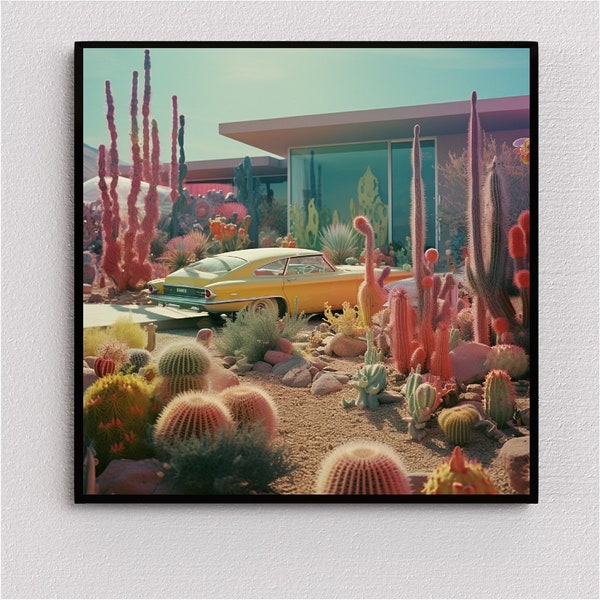 Futuristische jaren 1960 Suburbia in de woestijn Art Print: kleurrijke Cactus Oasis