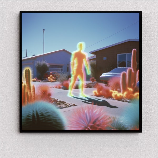 Ethereal Suburbia - Printable Art Download of Glowing Being in 1960s Suburbia