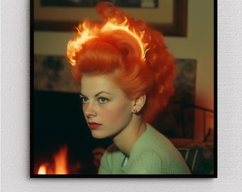 We Necess To Talk - Kunstdruck 1960er-Jahre-inspirierte Frau mit flammender Frisur
