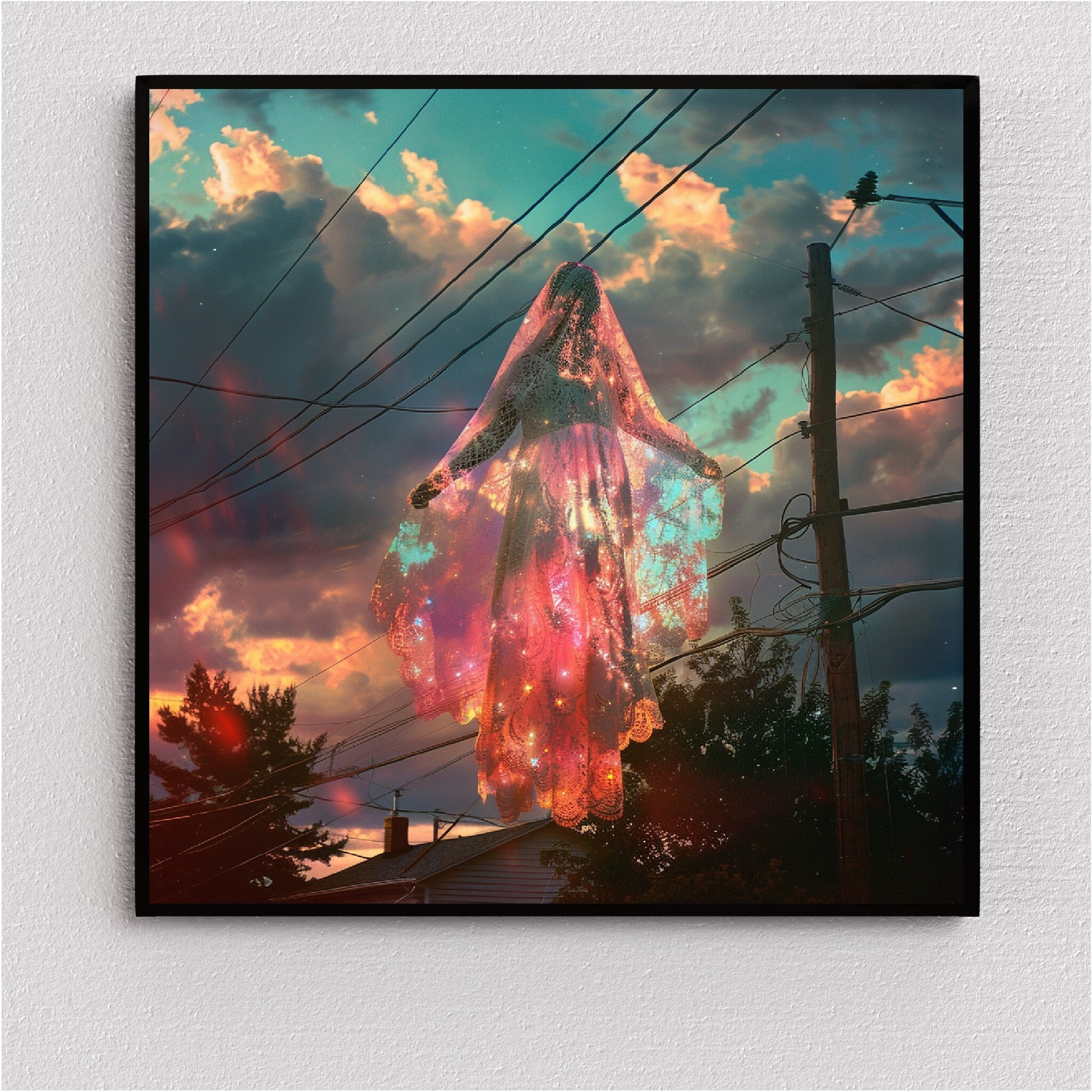 Pastel Witch - Glowing Art Print of a Witch in Lace Cloak Floating in 1960s Suburbia