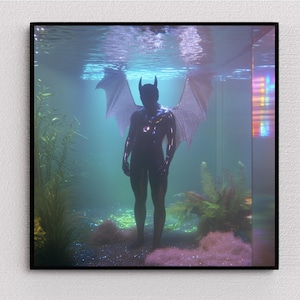 May include: A black figure with devil horns and wings stands in a blue and green underwater scene. The figure is surrounded by plants and seaweed.