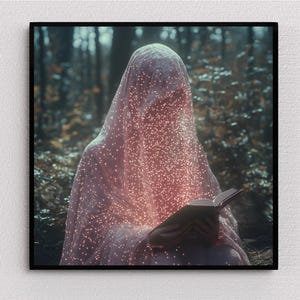 Impresión artística de magia rosa mística de bruja encantada en el bosque