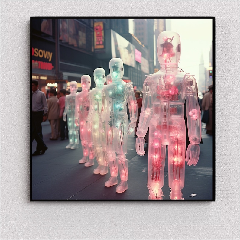 May include: A group of five transparent, glowing figures stand in a row on a city street. The figures are made of clear plastic and have internal lights that illuminate them in different colors. The figures are all facing forward and have a human-like form.