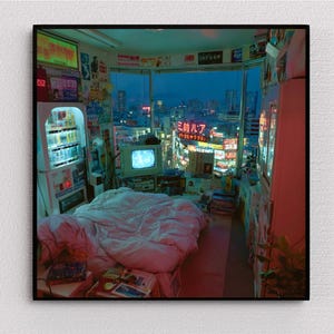 Neo Tokyo Micro Apartment Art Print | Cyberpunk Vending Machine Room | Futuristic Japanese Decor