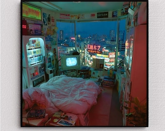 Neo Tokyo Micro Apartment Art Print | Cyberpunk Vending Machine Room | Futuristic Japanese Decor