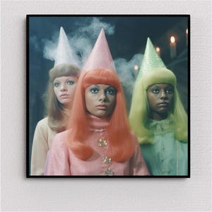 Three Enchanting Witches Close-Up Art Print - Vibrant and Magical Wall Decor