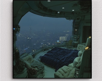 Sci-Fi Dystopian Bedroom Art Print | Cyberpunk Wall Art | Futuristic Neon Poster