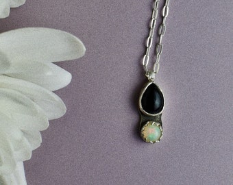 Opposites Attract Mini Necklace, Black Onyx & White Opal Layering Jewelry with Sterling Silver Chain, Dainty, Gifts for Her