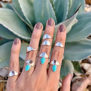 Geometric Stacking Ring made with Kingman Turquoise & Sterling Silver, Small Western Stackable, Boho Blue-Green Gemstone Stackers