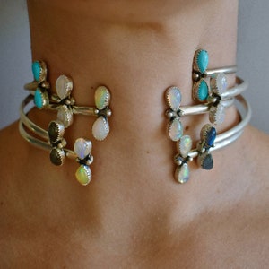 Choose Your Gemstone Sterling Silver Choker / Torque Necklace, Mojave Turquoise Green & Purple, Opal, Moonstone, Onyx, Labradorite, Amethyst