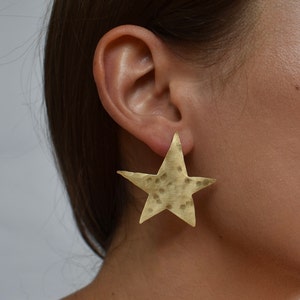 Big Silver and Brass Star and Moon Stud Earrings, Gold Celestial Accessories, Handmade Jewelry with Stars, Hammered Texture on Metal image 2
